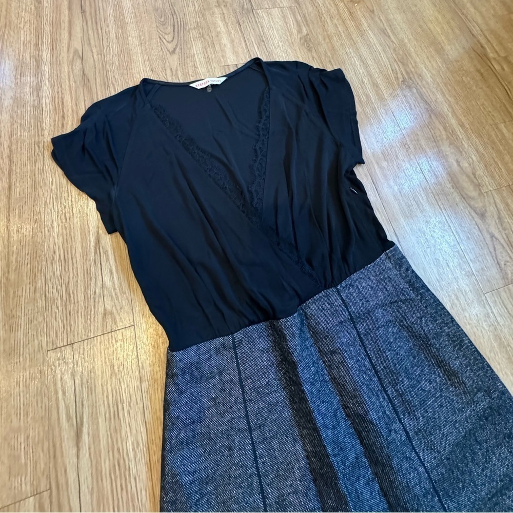 Rebecca Taylor Sz 10 Black Gray Lace Dress Linen Blend V-neck career - Picture 3 of 11